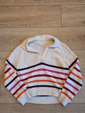 Marine Layer Striped Polo Sweater Collared V-Neck Cream XS
